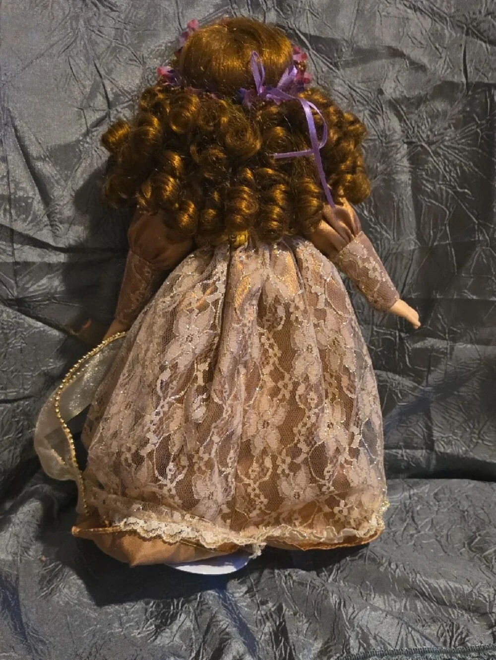Classic Porcelain Doll in Champagne Dress with Purple Accents